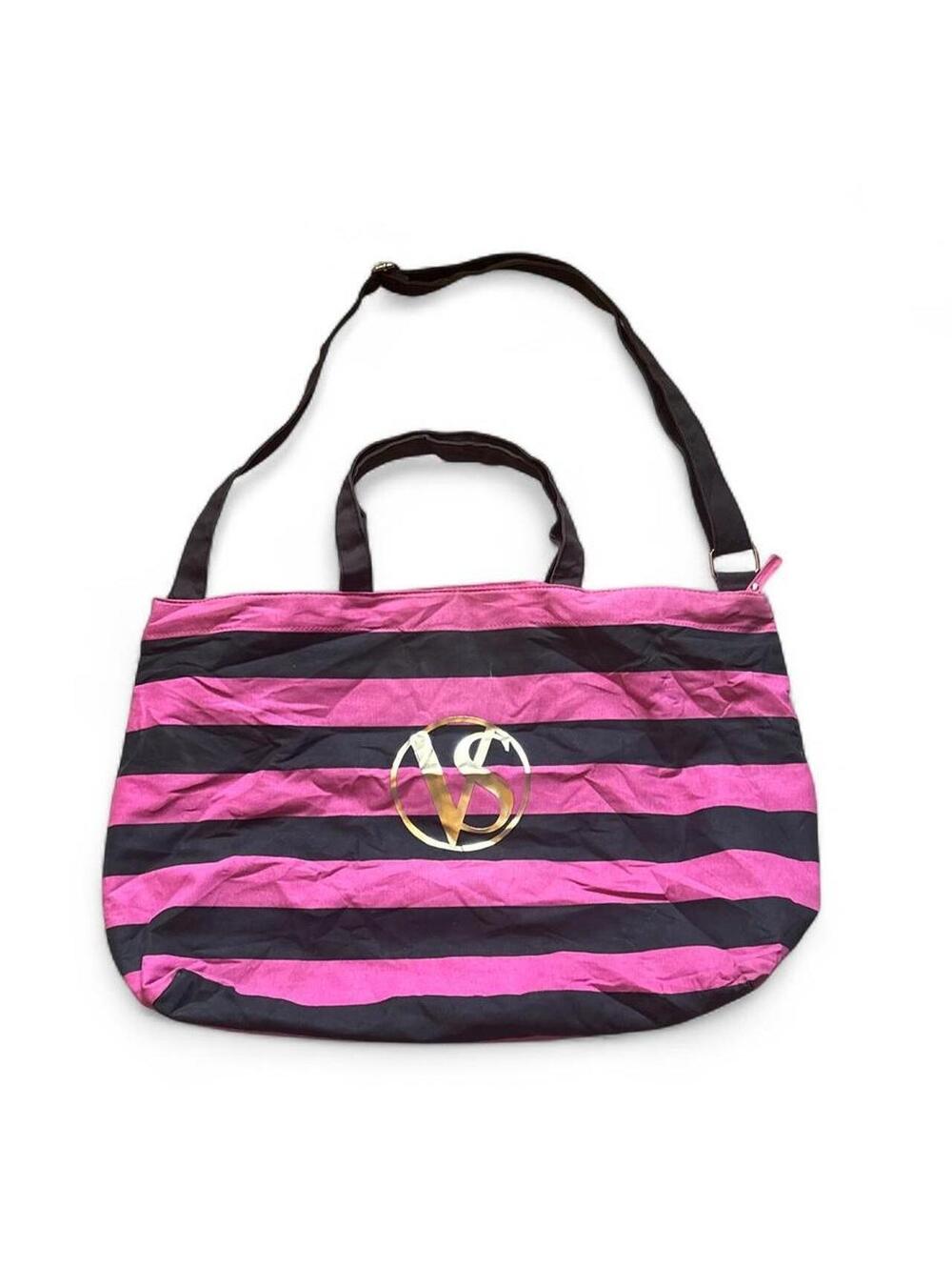 Beautiful Y2K Victoria’s Secret, pink and black striped tote bag with gold logo